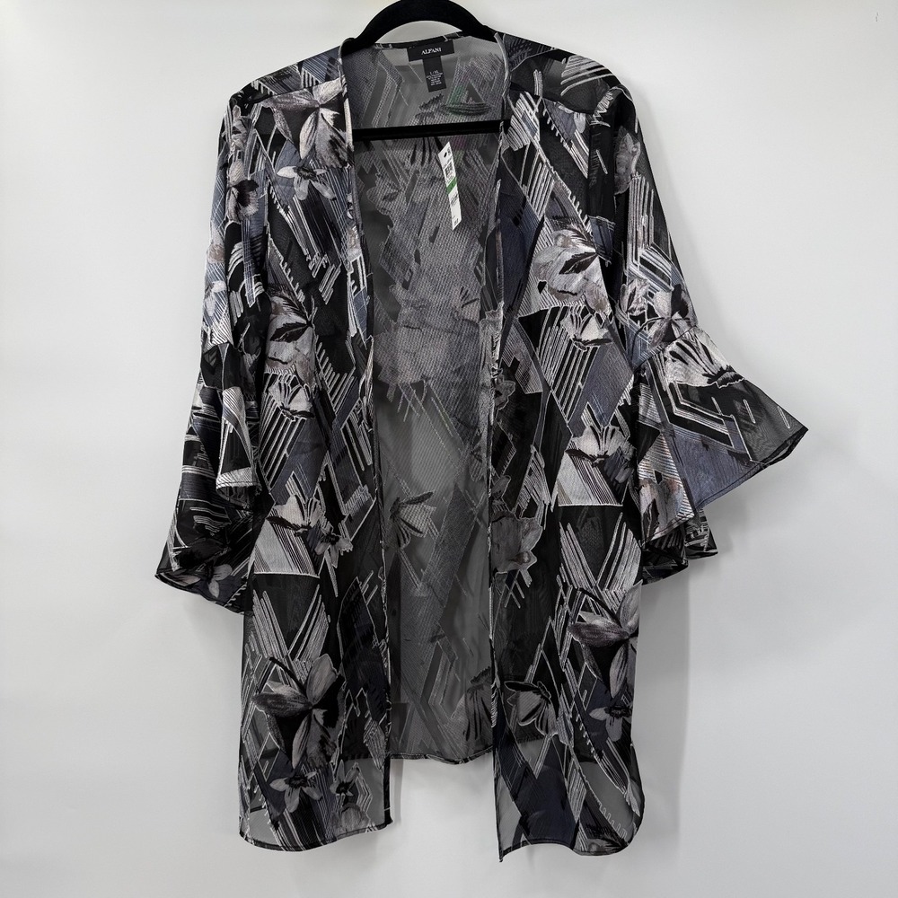 Alfani Sheer Jacket Womens Size L/XL Top Open Front Black White Print New